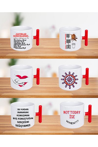 NACARLAR 6 Printed Coffee Cups with Red t Handles