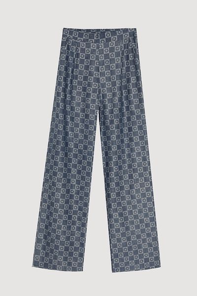 Quzu Checkered Denim Look Wide Leg Trousers Indigo