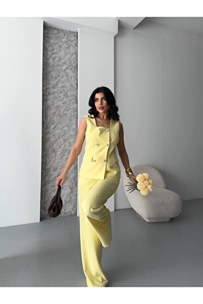 VZ BUTİK Women's Bottom Top Double Set Stylish Button Detail Square Neck Vest Pants Set