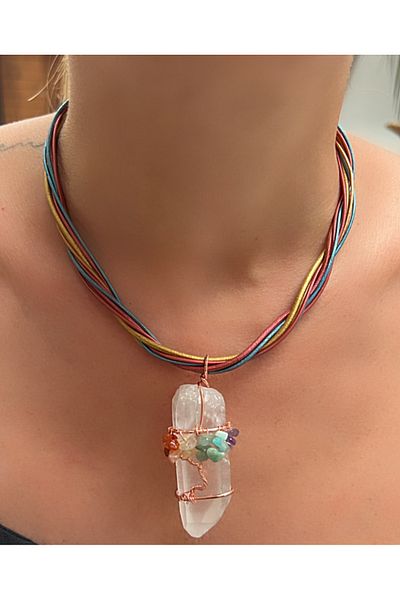 Kutcha Accessories Natural Crystal Stone Colorful Women's Leather Necklace – Chakra Stone and Copper Wire Wrap Design