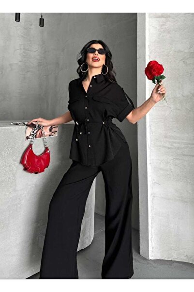 olalapasha New Season Linen Tie Shirt Trousers Set