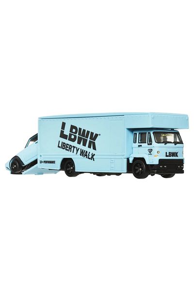 HOT WHEELS FLEET FLYER CAR TRANSPORTER WITH NISSAN SKYLINE 2000 GT-R LBWK SCALE 1:64