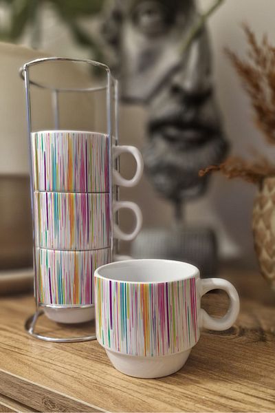 DİLAHOME Set of 4 Colorful Patterned Porcelain Mug Cups - Modern Line Design with Metal Stand
