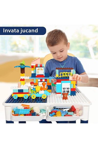 SMARTECH Masa tip Lego pentru copii, cu 4 cutii depozitare jucării, 262 piese tip Lego, Ajustabila