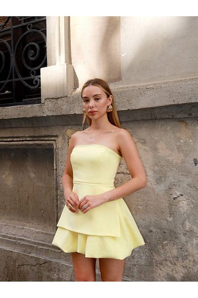 Zey Studio Women's Yellow Six Balloon Detailed Strapless Mini Dress