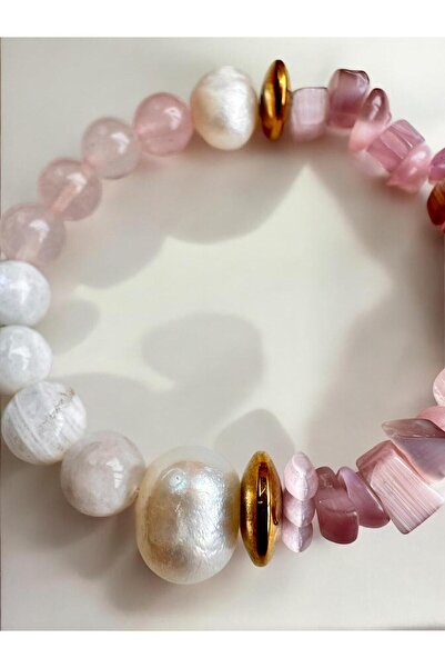 Doğaltaş Dişil Enerji Doğal Taş Bileklik İnci, Ay Taşı, Pembe Kuvars Doğal Taş