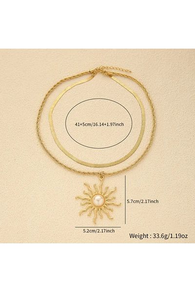 FASHİON JEWELRY قلادة بسلسلة مزدوجة بتصميم شمسي من اللون الذهبي