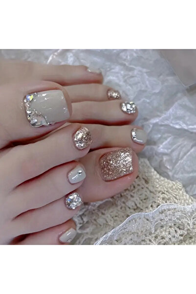 NAİL ART 24 Adet Parlak Taşlı Simli Açık Gri Kısa Kare Ayak Takma Tırnak Seti