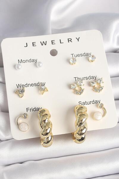 Celira Brass Gold Color Zircon Stone Spiral Hoop Model 7 Piece Women's Earring Set