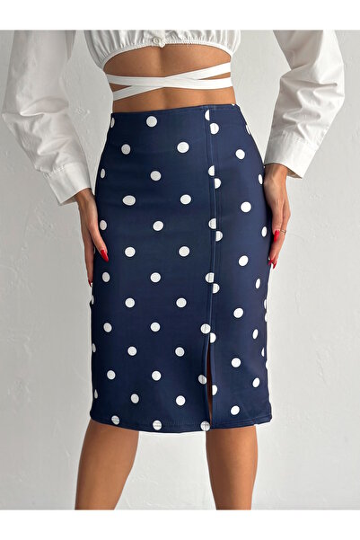 MaxiMor Fusta creion cu buline de culoare bleumarin pentru femei, cu talie elastică, lungime 65 cm