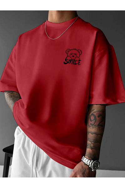 LAND MODA Bright Yellow "Smile" Graphic T-Shirt for Men - Streetwear, Loose Fit, Comfortable Round Neck