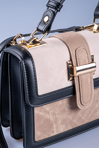 Oblavion Siyah Vegan Deri Vizon ve Bej Kumaş Detaylı El ve Omuz Çantası