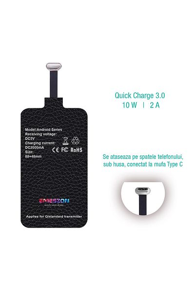 EMESZON Wireless Charger, EMESZON®, 10W 2A, Quick Charge 3.0, Phone Wireless Receiver Type C, USB C, black
