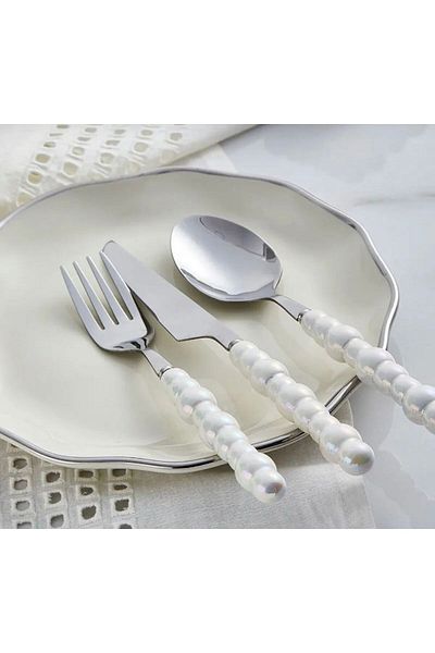 Snow Homs 18 Piece Porcelain White Pearl Stone Detailed Spoon, Fork, Knife Set