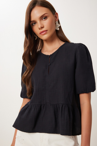 Lovelyİstanbul Μπλούζα μουσελίνας Flounced ΜΑΥΡΗ LMX0091