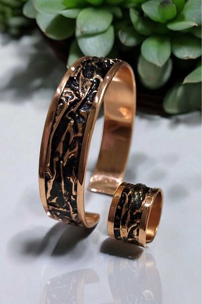 Öze Aksesuar 100% Pure Copper Bracelet and Ring Set Handcrafted Wrinkled Model