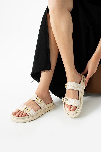 TubiBella Beige Slippers with Gold Buckle Pattern