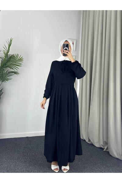 Esre Store 4538 - Φόρεμα Τεσεττούρ με λεπτομέρεια στη ζώνη, μαύρο