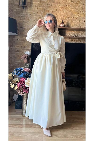 Cardella Gold Button Detailed Side Tie Poplin Dress Hijab Compatible Tie Dress