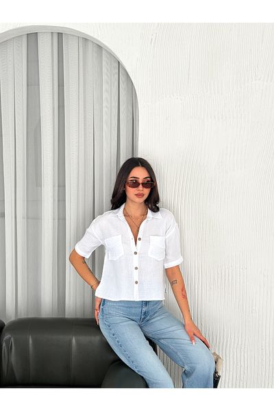 OKSHEN Crop Muslin Shirt with Pockets