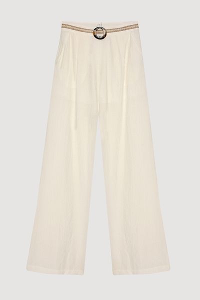 Quzu Embroidered Waist Wide Leg Trousers with Buckle Accessories Ecru