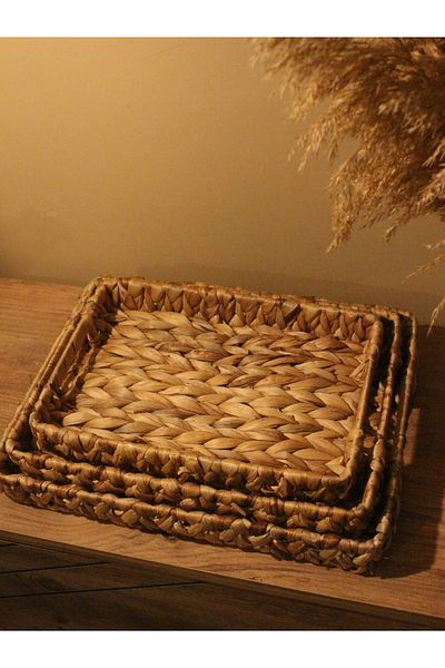 Paganca 3-Piece Wicker Water Hyacinth Rectangular Tray