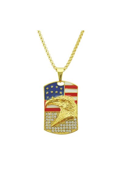 Tessero Army Tag Necklace with Eagle and USA Flag, Stainless Steel Plated with 18K Gold, Tessero, Gold