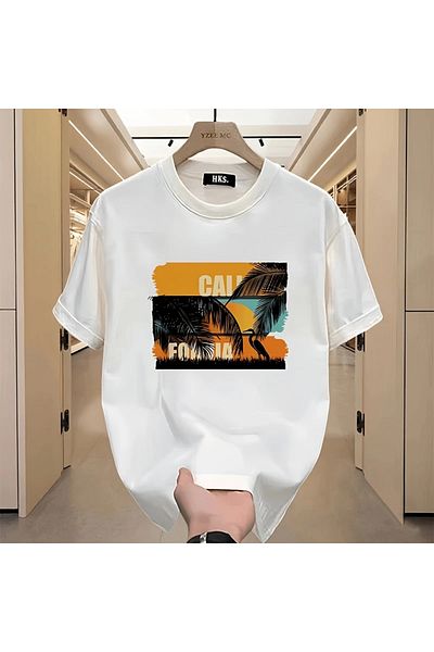 LAND MODA Heavyweight 100% Cotton California Tropical Graphic Tee for Men - Palm & Sunset Design