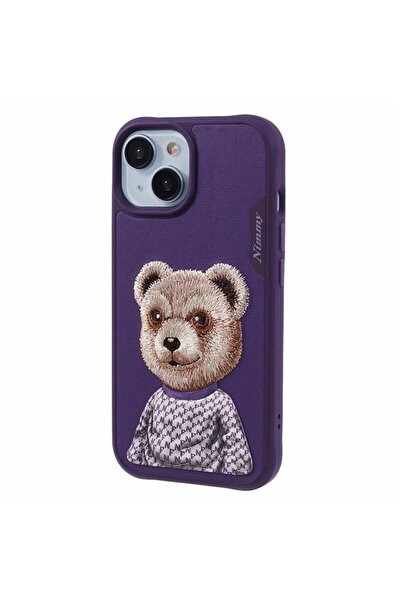 Nimmy iPhone 15 Uyumlu 3D Kıyafet Mor Ayıcık Detaylı Nakış İşlemeli Kabartmal...