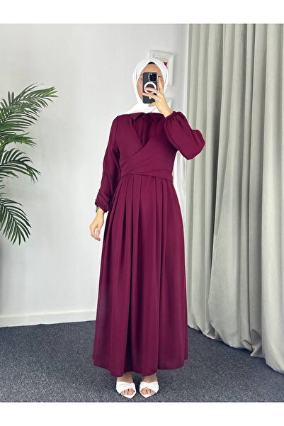 Esre Store 4538 - Φόρεμα Τεσεττούρ με λεπτομέρεια στον ιμάντα, Βουργουνδί