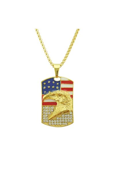 Tessero Army Tag Necklace with Eagle and USA Flag, Stainless Steel Plated with 18K Gold, Tessero, Gold