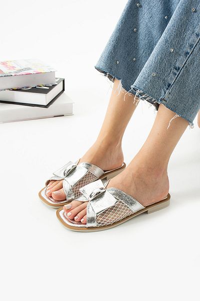 TubiBella Silver Gray Ribbon Detailed Stylish Slippers