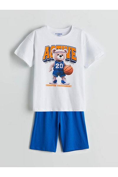 LC Waikiki Lcw Kids White Bicycle Collar Bear Teddy Printed Boys Shorts Pajama Set