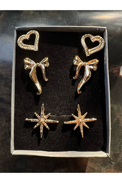 LAİKA 3'lü Altın Kaplama Kararmaz Halka Küpe Seti Kalp-Kuzey Yıldızı-Fiyonk