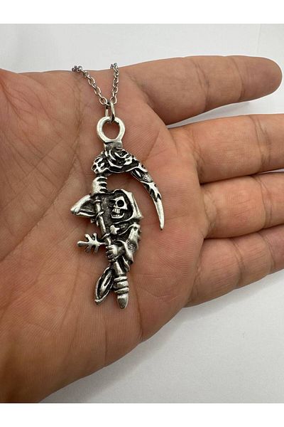 Herşey Nota Silver Color Unisex Necklace with Grim Reaper Death Reaper Skull Figure – Gothic and Dark Jewelry