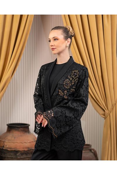 YAFA CLOTHING & ACCESSORIES Lace Jacket Blouse Pants Triple Suit Black