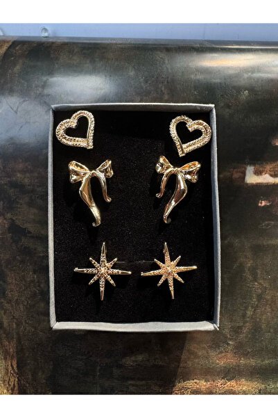 LAİKA 3'lü Altın Kaplama Kararmaz Halka Küpe Seti Kalp-Kuzey Yıldızı-Fiyonk