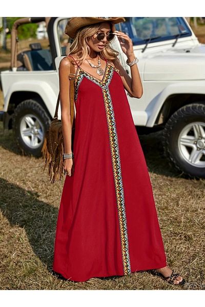 Masspera Strappy V Neck Ethnic Pattern Stripe Detail Maxi Length Dress