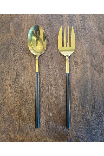 LOVYCO Set of 2 Gold Metal Salad Serving Spoons 27 cm