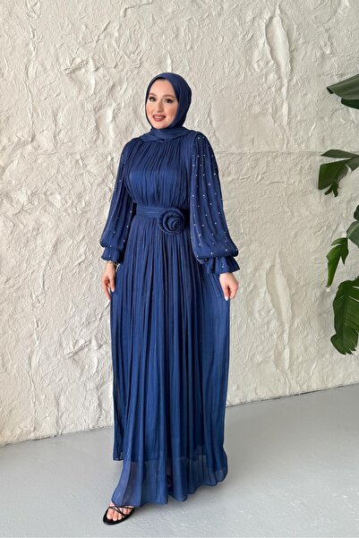 Rimel Moda فستان ماريا ساتان ستون باللون الأزرق الداكن