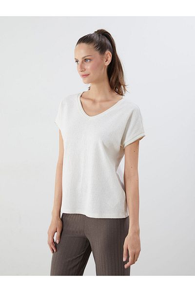 LC Waikiki Gray V-Neck Textured Women's T-Shirt