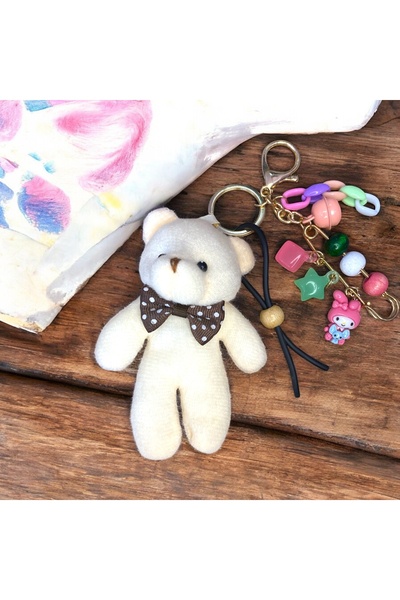 DKY حقيبة سلسلة مفاتيح على شكل دمية دب من القطيفة، إكسسوار حقيبة ساحرة