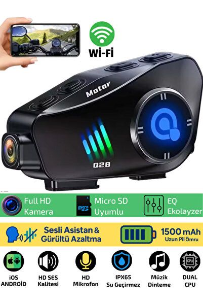 SONREİR Q28 Wifi Kameralı Motosiklet Kask Kulaklık İnterkom Bluetooth SD Kart Destekli Su Geçirmez İntercom
