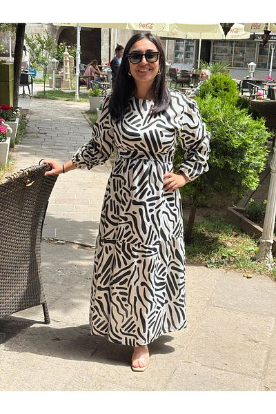 Sobe Hediyelik Black Patterned Linen Textured Long Dress - Modern and Comfortable Design