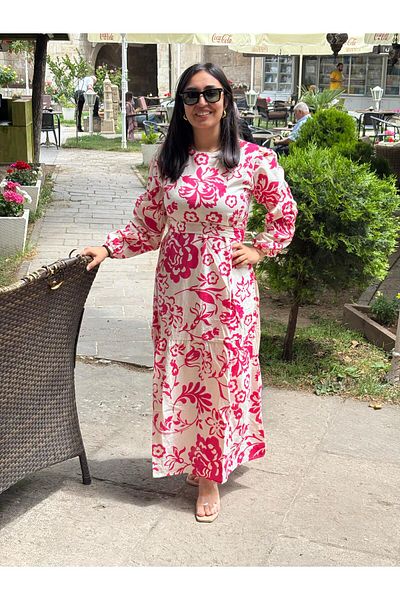 Sobe Hediyelik Pink Floral Print Loose Long Sleeve Dress - Modern and Comfortable Design