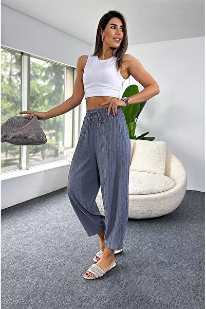 Nana & Mayka Moda Women's Gray Seersucker Baggy Trousers – Summer, Loose Fit, Elastic Waist, Oversize, Pockets