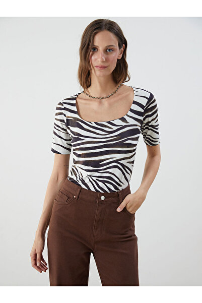 LC Waikiki Black U-Neck Zebra Patterned Women's Bodysuit