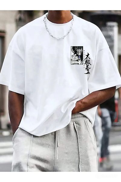 Rokeby Țesătură din bumbac pieptănat de calitate premium - Tricou oversize – Imprimat Dragon – Basic de vară - Tricou alb