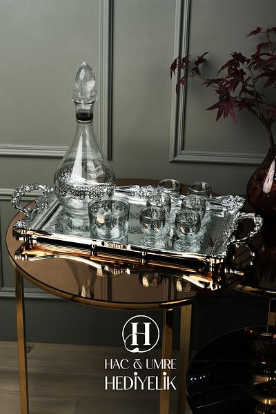 Hac Umre Hediyelik Silver Presentation Set |   Luxury Presentation Set |   Mirrored Decorative Tray and Cup Set |   9 Piece Zamzam Set