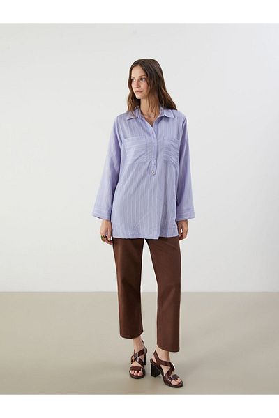 LC Waikiki Purple Shirt Collar Striped Women's Tunic